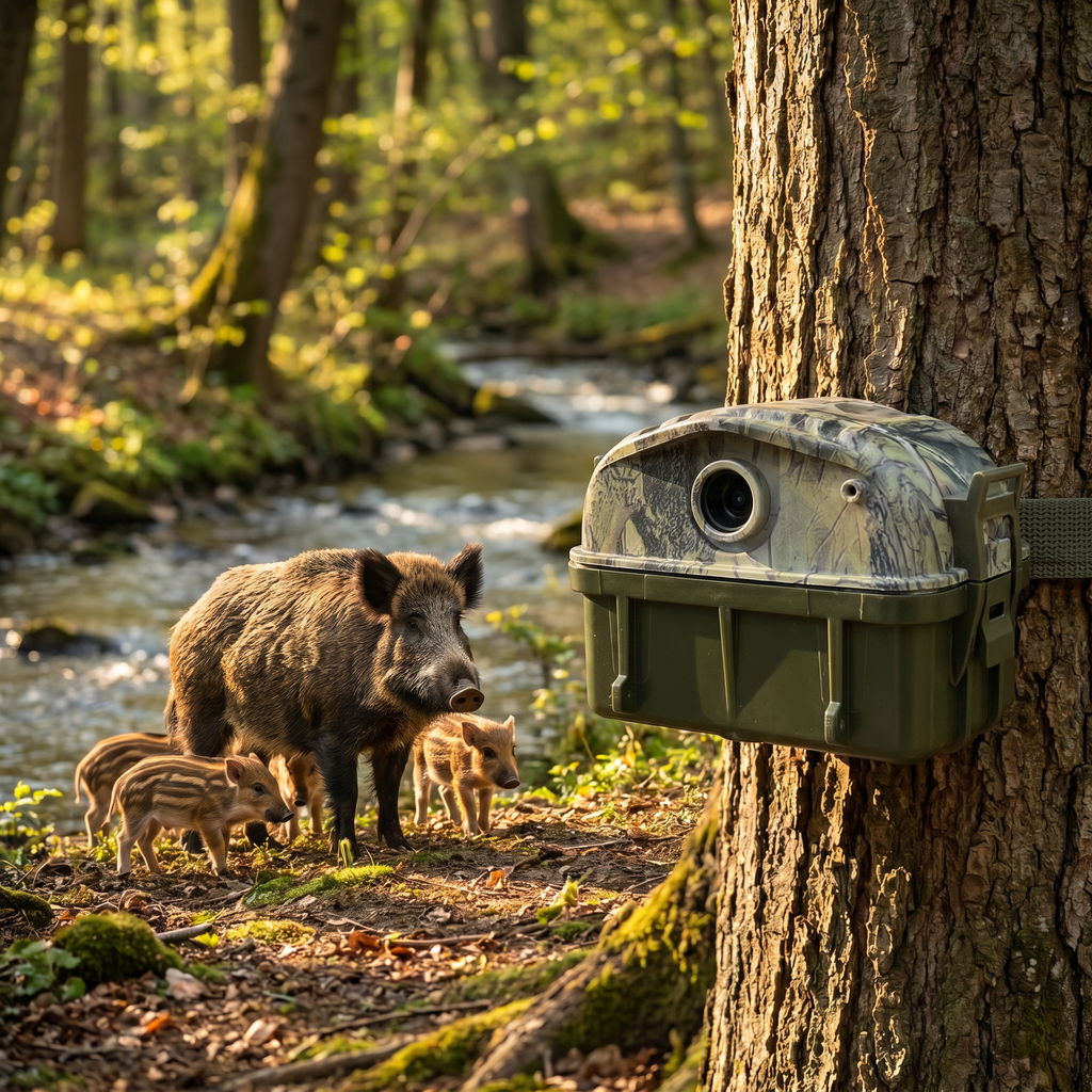 SENTINEL 4K camera overlooking stream with wild boar and piglets