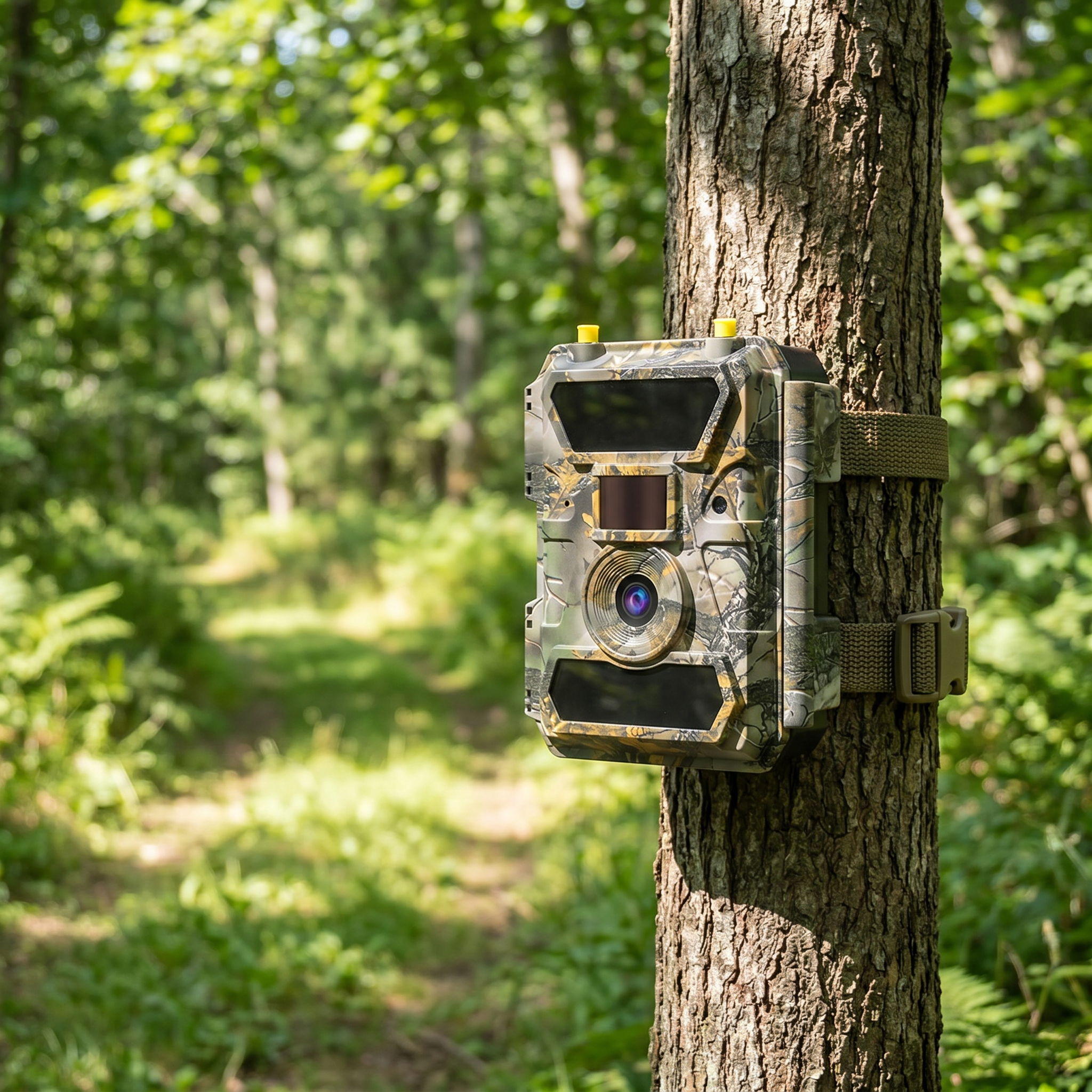 SENTINEL GPS camera mounted on tree at forest clearing