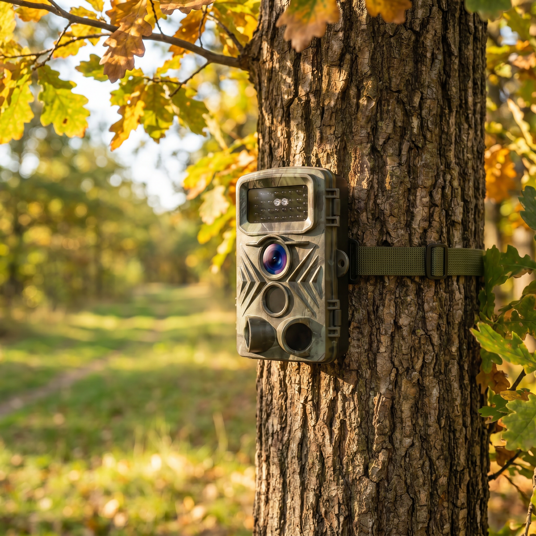 SENTINEL PRO trail camera mounted on tree in forest clearing